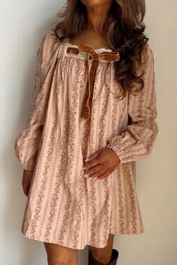 LovLov Floral Mini Dress M Pink Cottagecore Lace Velvet Bow Long Sleeve EUC